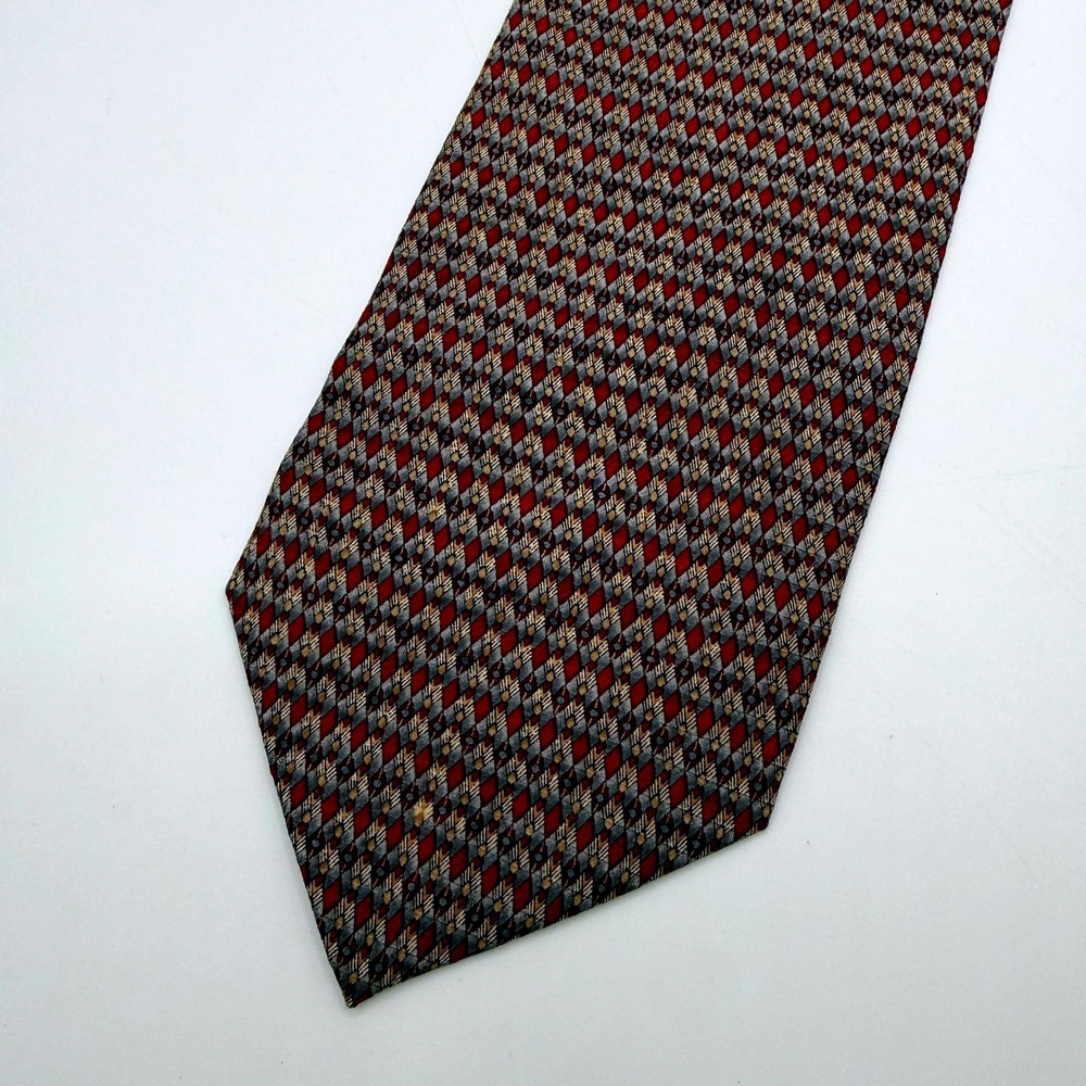 Daniel de Fasson Mens Silk Hand Made Geometric Pattern Neck Tie Red Gold‎ Gray